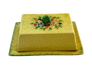 Vintage 1930s Crown Devon Butter Dish Covered Yellow Floral Pottery England